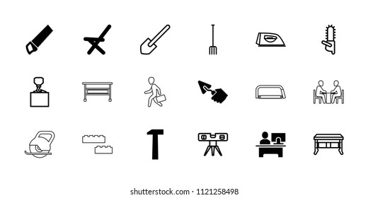 Work icon. collection of 18 work filled and outline icons such as outdoor chair, hummer, iron, shovel, hook with cargo, level ruler. editable work icons for web and mobile.