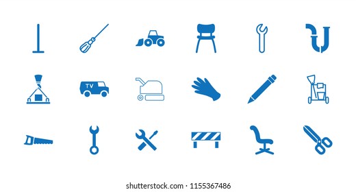 Work icon. collection of 18 work filled and outline icons such as gloves, mop, office chair, wrench, pipe, wrench and screwdriver, saw. editable work icons for web and mobile.
