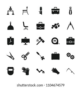 Work icon. collection of 25 work filled icons such as gloves, dustpan, toolbox, excavator, pliers, welder mask, chainsaw, compass. editable work icons for web and mobile.