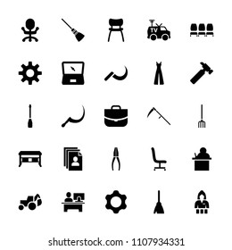 Work icon. collection of 25 work filled icons such as casino girl, broom, jumpsuit, case, hummer, excavator, teacher, office desk. editable work icons for web and mobile.