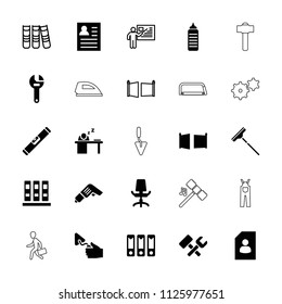 Work icon. collection of 25 work filled and outline icons such as wrench, trowel, resume, binder, office chair, man sleeping on table. editable work icons for web and mobile.