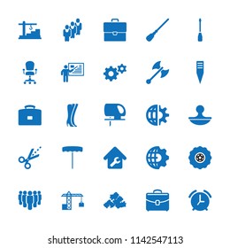 Work icon. collection of 25 work filled icons such as mop, mud, gear, electric saw, gardening tool, scissors, case, stamp, home repair. editable work icons for web and mobile.
