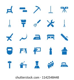 Work icon. collection of 25 work filled icons such as welder mask, level ruler, teacher, office desk, scythe, garden hammer. editable work icons for web and mobile.