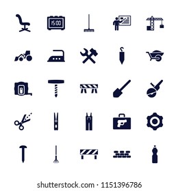 Work icon. collection of 25 work filled icons such as measure tape, cloth pin, iron, jumpsuit, office chair, shovel, nail, barrier. editable work icons for web and mobile.