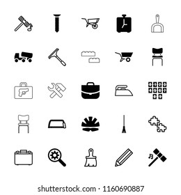 Work icon. collection of 25 work filled and outline icons such as case, rake, helmet, digital clock, alarm, wheel barrow, hammer. editable work icons for web and mobile.