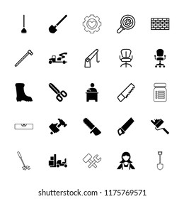 Work icon. collection of 25 work filled and outline icons such as boot, office chair, saw, garden hammer, gear, cargo crane. editable work icons for web and mobile.