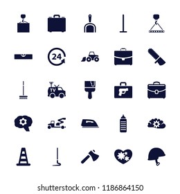 Work icon. collection of 25 work filled icons such as cone barrier, 24 support, tv van, helmet, case, fitness bottle, gear. editable work icons for web and mobile.