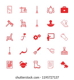 Work icon. collection of 25 work filled and outline icons such as puzzle, pitchfork, scythe, stamp, boot, hammer, cleaning tools. editable work icons for web and mobile.