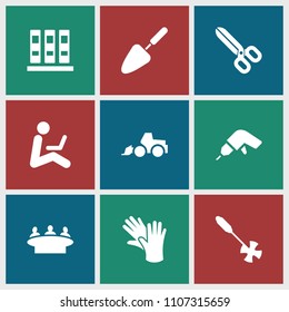 Work icon. collection of 9 work filled icons such as group, drill, excavator, binder, gardening tool, man sitting with laptop, trowel. editable work icons for web and mobile.