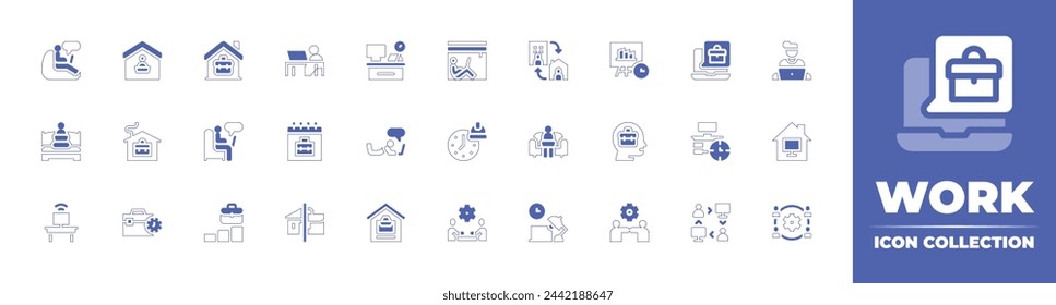 Work icon collection. Duotone style line stroke and bold. Vector illustration. Containing work from home, hybrid, working at home, work space, online, working, working time, working hours.
