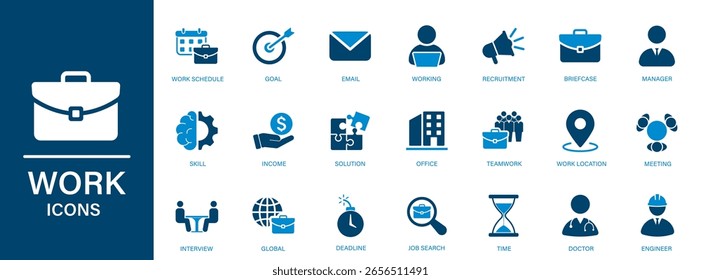 Work icon. Containing skill, interview, recruitment, office, career. Solid vector icons collection.
