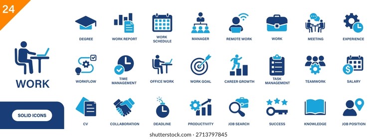 Work icon. Includes salary, career growth, job search, work schedule, and work report. Solid vector icon set.