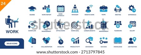 Work icon. Includes salary, career growth, job search, work schedule, and work report. Solid vector icon set.