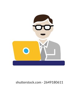 Work icon. Online work. Man wearing tie and glasses working in front of laptop. Collaboration, online, remote. Flat design style