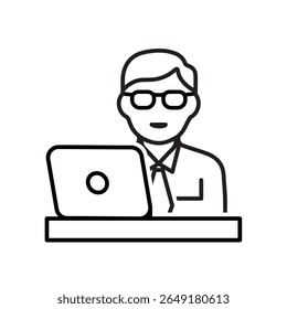 Work icon. Online work. Man wearing tie and glasses working in front of laptop. Collaboration, online, remote. Outline design style