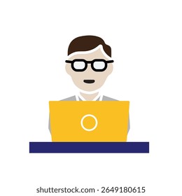 Work icon. Online work. Man working in front of laptop. Collaboration, online, remote. Flat design style