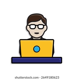 Icono de trabajo. Trabajo en línea. Hombre trabajando delante de la computadora portátil. Colaboración, online, remota. Estilo de diseño isométrico