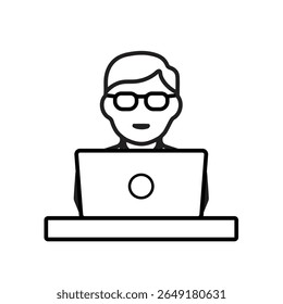 Work icon. Online work. Man working in front of laptop. Collaboration, online, remote. Outline design style