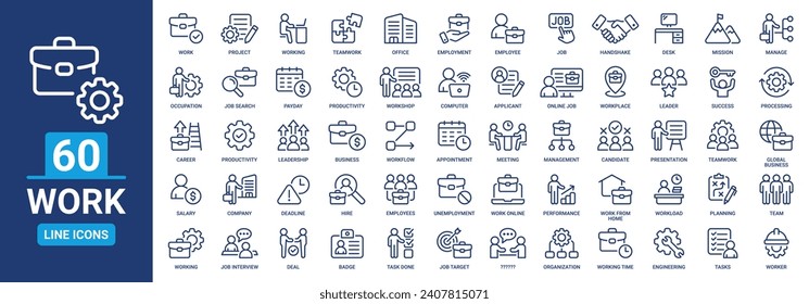 Work icon outline set. Containing job, working, employee, project, teamwork, employment, meeting, appointment and more. Vector line icons collection.