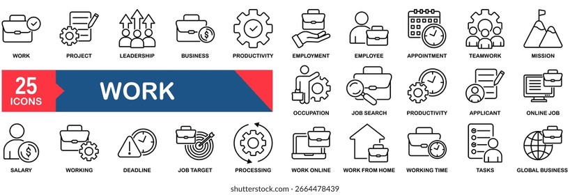 Ícone de trabalho outline definido. Contendo trabalho, trabalho, funcionário, projeto, trabalho em equipe, emprego, reunião, compromisso e muito mais. Coleção de ícones de linha de vetor.