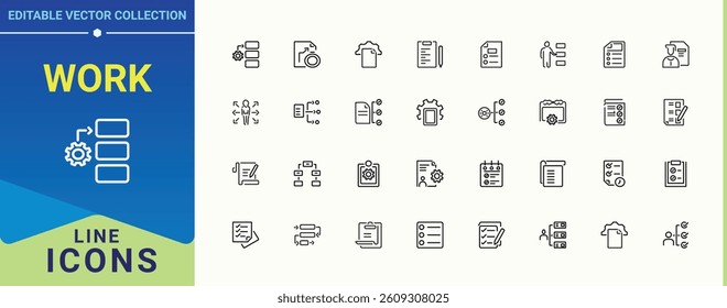 Work icon pack. Included list, workflow, plan and more. Task linear icon collection. Perfect for logos and infographic. Editable vector illustration.