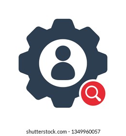 Work icon with research sign. Work icon and explore, find, inspect symbol 