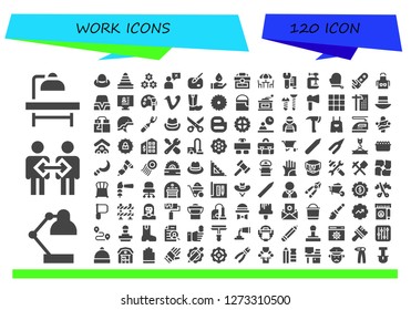  work icon set. 120 filled work icons. Simple modern icons about  - Operating table, Desk lamp, Cooperation, Hat, Cone, Teamwork, Salesman, Paint, Wash, Briefcase, Chairs, Wrench