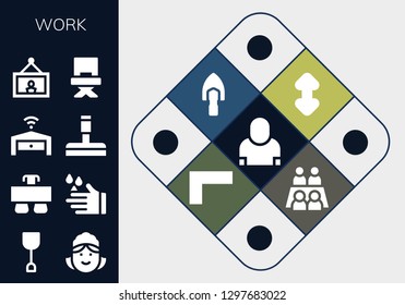 work icon set. 13 filled work icons. Simple modern icons about  - Salesman, Shovel, Maid, Desk, Wash, Garage, Glass cleaner, Painting, Director, Scroll, Ruler, Meeting