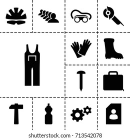 Work icon. set of 13 filled work icons such as boot, jumpsuit, group, nail, gear, welding glasses, electric saw, gloves, case, helmet, hammer, resume