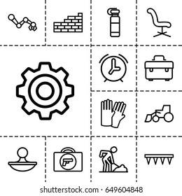Work icon. set of 13 outline work icons such as briefcase with weapon, glove, office chair, toolbox, excavator, digging man, plowing tool, stamp, gear, brick wall, alarm