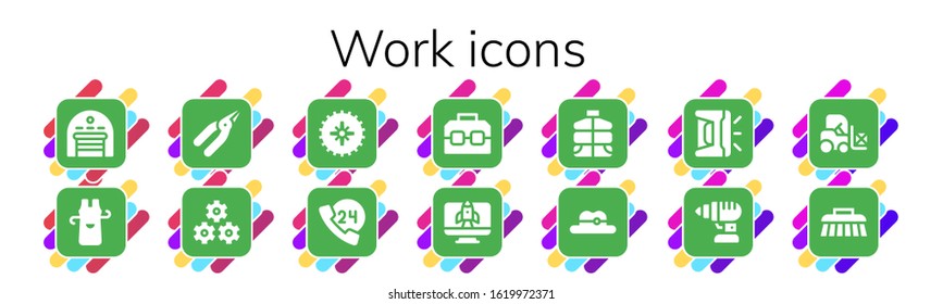 Work Icon Set. 14 Filled Work Icons. Included Garage, Apron, Pliers, Teamwork, Gear, 24h, Case, Startup, Vest, Hat, 3d Printer, Drill, Forklift, Brush Icons