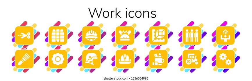 work icon set. 14 filled work icons. Included Scissors, Brush, Crayons, Gear, Helmet, Measure, Pencil case, Group, Tractor, Motivation, Cogwheel icons