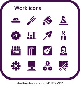 work icon set. 16 filled work icons.  Collection Of - Hat, Brush, Measure, Cone, Gear, Warehouse, Trowel, Pliers, Colored pencils, Lift, Garage band, Teleoperator, Setting, Organization