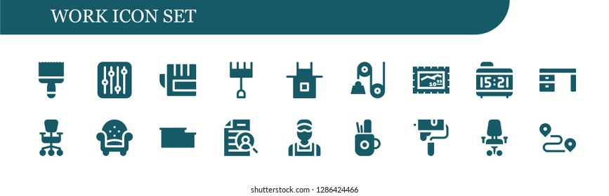  work icon set. 18 filled work icons. Simple modern icons about  - Paint brush, Settings, Gloves, Rake, Apron, Pulley, Stamp, Alarm clock, Desk, Office chair, Armchair, Warehouse
