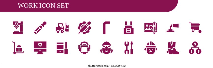  work icon set. 18 filled work icons.  Simple modern icons about  - Drill, Chisel, Forklift, Settings, Allen keys, Apron, Painting brush, Paint tube, Wheelbarrow, Configuration