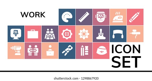  work icon set. 19 filled work icons. Simple modern icons about  - Palette, Paint brush, Drill, Cooperation, Blogger, Pliers, Pencil, Hat, Toolbox, Meeting, Settings, Setting