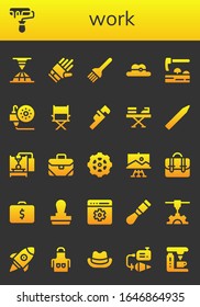work icon set. 26 filled work icons. Included 3d printer, Roller, Gloves, Brush, Hat, Adze, 3d printing, Director, Wrench, Iron, Pencil, Briefcase, Gear, Paint, Stamp, Setting icons