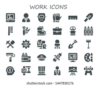 work icon set. 30 filled work icons.  Collection Of - 3d printer, Manager, Welder, Gloves, Ruler, Trowel, Brush, Brushes, Boots, Briefcase, Bucket, Crayon, Mine, Settings, Paint roller