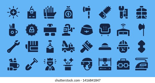 work icon set. 32 filled work icons. on blue background style Simple modern icons about  - Balance, Pencil case, Wrench, Crane, Settings, Gloves, Shovel, Desk, Worker, Money bag