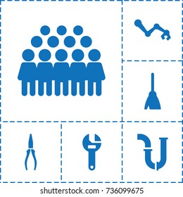 Work icon. set of 6 work filled icons such as broom, group, wrench, pipe, pliers