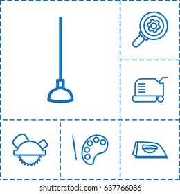 Work icon. set of 6 work outline icons such as lawn mower, iron, saw blade, hoe, gear
