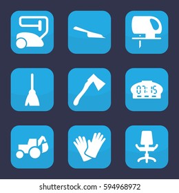 work icon. Set of 9 filled work icons such as broom, vacuum cleaner, dustpan, excavator, electric saw, axe, gloves, office chair