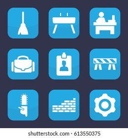 Work icon. set of 9 filled work icons such as broom, table, barrier, chainsaw, clipboard, camera case, gymnastic apparatus, brick wall