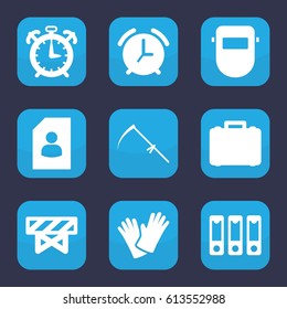 Work icon. set of 9 filled work icons such as barrier, welder mask, scythe, gloves, binder, case, alarm