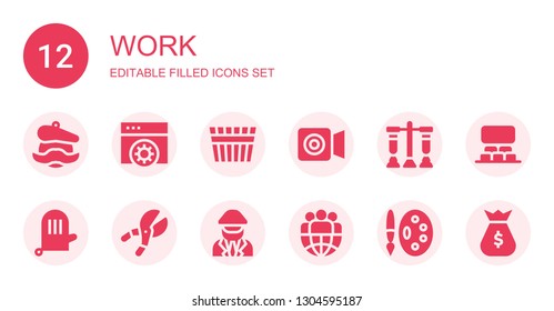 work icon set. Collection of 12 filled work icons included Artist, Settings, Bucket, Facetime, Test, Glove, Shears, Driver, Leader, Painting palette, Projection, Money bag