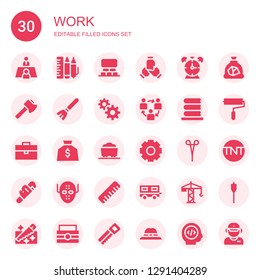 work icon set. Collection of 30 filled work icons included Meeting, Design tool, Projection, Teamwork, Alarm clock, Axe, Broom, Management, Washing, Briefcase, Money bag, Coal