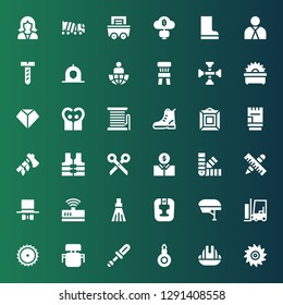 work icon set. Collection of 36 filled work icons included Saw, Helmet, Threader, Screwdriver, Desk chair, Forklift, Headgear, Broom, Modem, Hat, Tools, Palette, Economist, Scissors