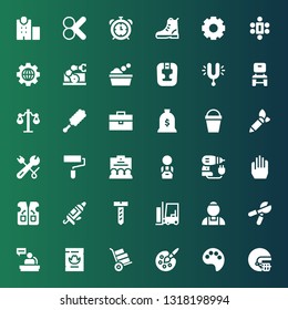 work icon set. Collection of 36 filled work icons included Helmet, Paint palette, Painting palette, Wheelbarrow, Wanted, Worker, Pruning shears, Maid, Forklift, Screw, Caulk gun