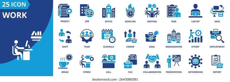 work icon set collection in dual tone style. an icon pack contain career, task, job, office, desk, laptop, meeting, project, deadline, schedule