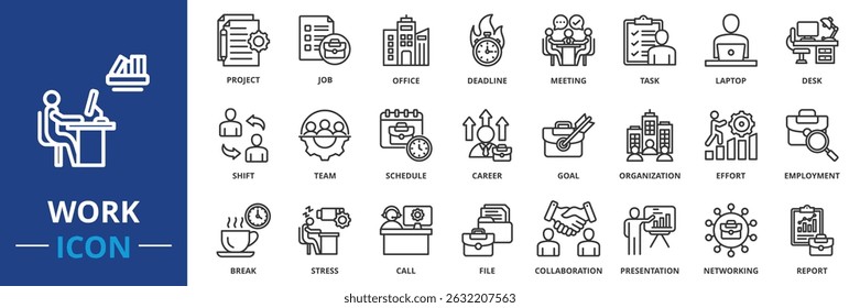work icon set collection in outline style. an icon pack contain career, task, job, office, desk, laptop, meeting, project, deadline, schedule